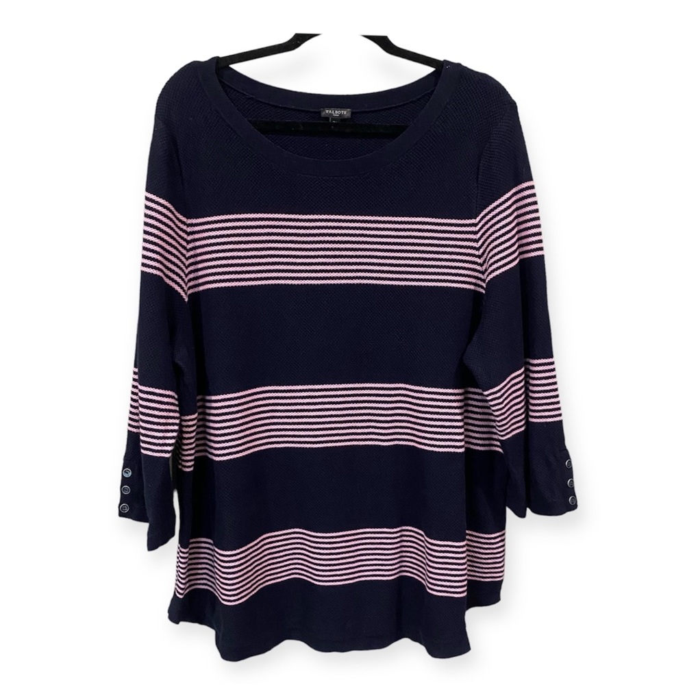 Talbots Knit Pullover Crewneck Sweater Navy Blue Pink Stripe 3XL